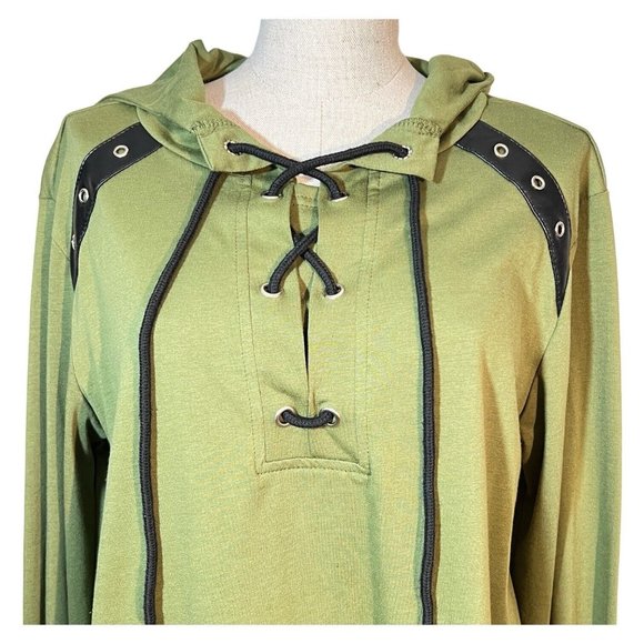 Mens Lace Up Hooded Shirt Green Faux Black Leather Size L Cosplay Medieval - Picture 2 of 7